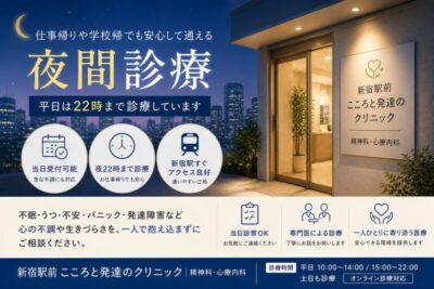 【新宿で夜間診療】当日受付も可能な精神科・心療内科｜仕事帰りでも通えるクリニックのアイキャッチ画像